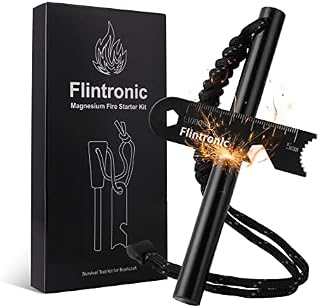 Survival Fire Steel, Flint Striker Steel Fire Starter Kit, Magnesium Ferrocium Rod Firesteel with Scale Scraper & Whistle, Outdoor Emergency Survival Tool for Travelling Camping Hiking