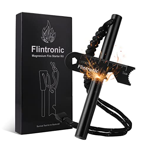 Flintronic Pedernal para Fuego Largo, Kits Encendedor Supervivencia de Acero de Pedernal Resistente al Agua,Incluye Silbato, Tubo de Soplado Plegable,Raspador con Escala,para Camping/Exterior-Negro