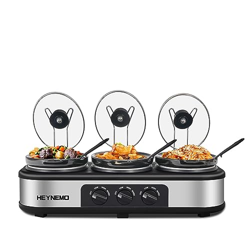 Dreifacher Slow Cooker mit rutschfesten Füßen, 3 × 1,5 QT Slow Cooker Buffet Server, 3 Töpfe Speisenwärmer Einstellbare Temperatur Deckelauflagen Edelstahl Manuell Silber für Partys Urlaub Familien