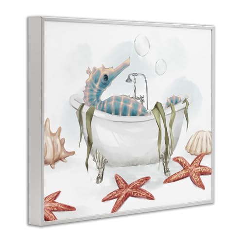 Image of Stupell Industries 'Seahorse Resting Nautical Bath Tub Starfish Bubbles', Framed Giclee Art, White, 30 x 24 Inches, Easy to Hang and Sturdy, Made in USA, by Ziwei Li