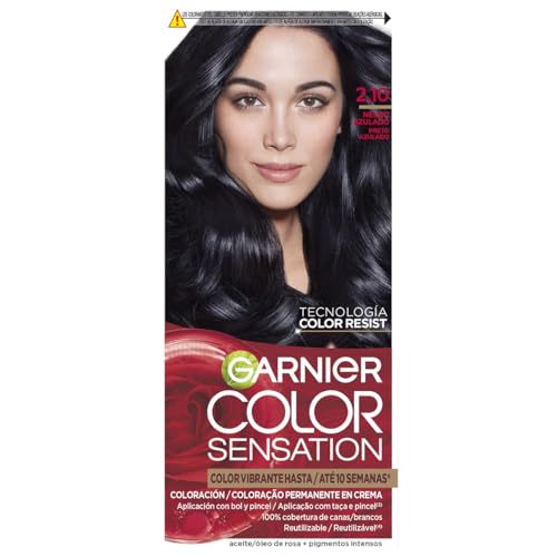 GARNIER - Pack 4 Color Sensation Tinte Permanente 2.1 Negro Azulado, Color Intenso y Brillo Espejo, Cobertura 100% de Canas con Aceites Florales