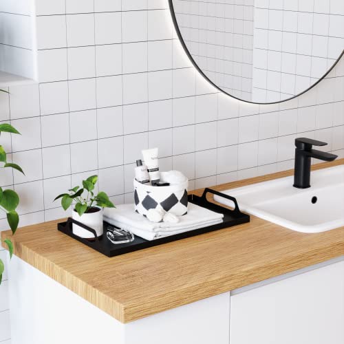 Horiamit Coffee Table Tray, Serving Tray Snack Tray Rectangle Black Metal Tray With Handles 16.7X9.5 Inches, Vanity Tray Bathroom Organizer Kitchen Tray For Counter #TOP7