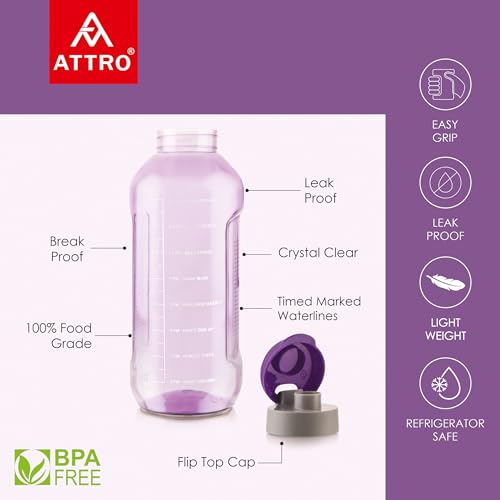 Image of ATTRO Ultra Pro 2 Motivational 2-Liter BPA-Free Water Bottle with Leak-Proof Flip-Top Cap, Nylon Strap and Stylish Color for Daily Hydration Violet-Set Of 6