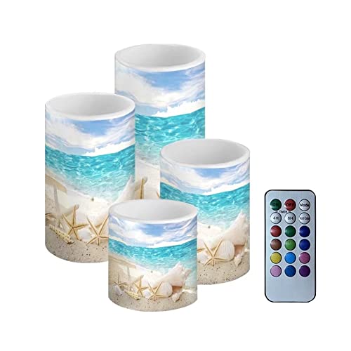 Image of Beach Starfish Seashell Flameless Light Candles Battery Powered with Timer Remote Color Chaging Pillar Candle with Warm Yellow Color Changing Light Pack of 4