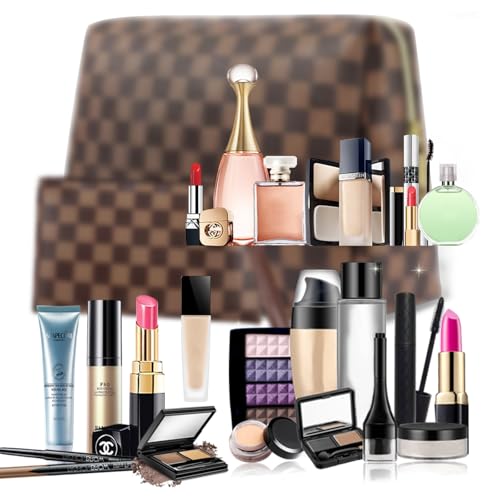 Checkered Makeup Bag Set for Women 2PCS Large Cosmetic Bag & Small Zipper Pouch Water-Resistant Travel Toiletry Organizer with Smooth Metal Zipper