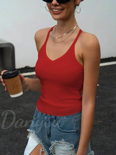 Image of Danysu V Neck Racer Back Tank Top for Women Padded Ribbed Long Tank Fitted Basic Cami Tops