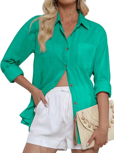 Green Button up Shirt Women Long Sleeves Flax Cotton Resort wear Loose fit Fashion Boho Gauze Boyfriend Fall Clothing Beautiful Woven Formal Business Western Uniform Beach Emerald Teal Green Size M