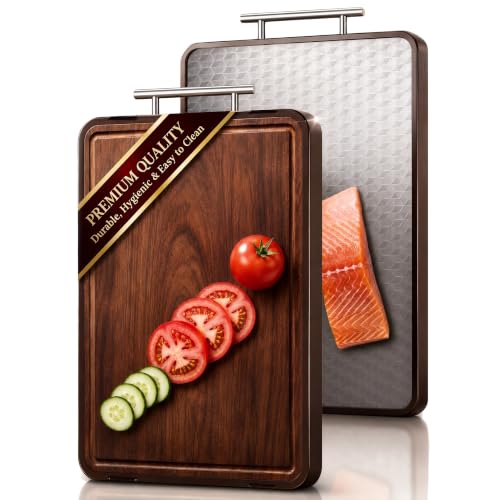 ZSN ZSN Large Cutting Board 2638 cm Premium Stainless Steel & Solid Wood Double-Sided Kitchen Board with Handle Knife-Friendly Durable & Hygienic for Meat Vegetables & Bread
