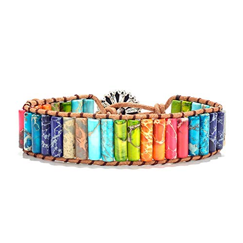 HLZKU Natural Stone Handmade Multi Color Chakra Bracelet,Bohemia Jewelry Imperial Jasper Wrap Bracelets for Women Men (Flower Heart Chakra)