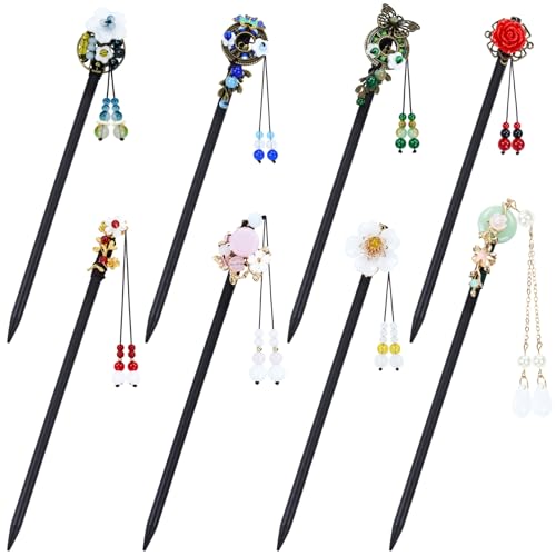 Lawie 8 Pack Wooden Hair Sticks Wood Chinese Hair Pins with Tassel Dangle Crystal Beads Flower Long Hair Chopstick Picks With Charm for Twist Bun Holder Fork Hair Slides Hair Accessories for Women