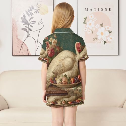 Satin Pajama Sets Short Sleeve Funny Turkey Thanksgiving Button Down Silky Nightwear 2 Piece PJS 5-14Y4