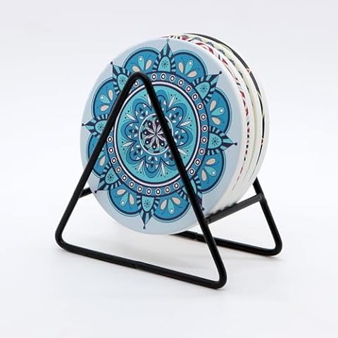 Drink Coasters with Holder, Absorbent Coaster Sets of 4, Ceramic Drink Coaster for Tabletop Protection，4 Inches Cover