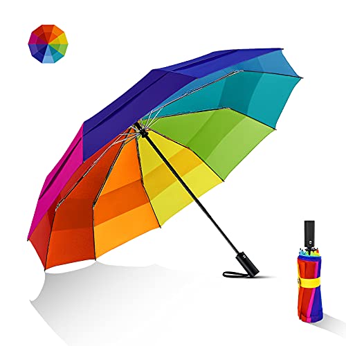 Lejorain Large Golf Umbrella Windproof - Oversized 54inch Double Layer Rainbow 10Ribs Folding Travel Umbrella Compact Auto Open Close for Rain Women Men