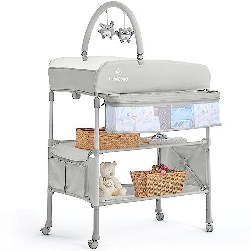 Image of Portable Baby Changing Table, BabyBond Foldable Changing Table Dresser Waterproof Diaper Changing Table Height Adjustable Changing Station for Infant and Newborn(Beige)