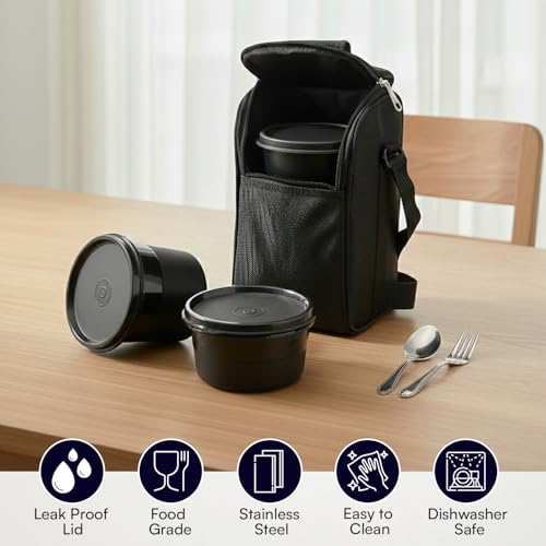 Image of PRESCO Insulated Lunch Box Set (3 Microwave Safe Inner Steel Containers,600 /450 /290ml; with Steel Spoon) with Insulated Fabric Bag, Lunch Box for Office Use, Leak Proof, Tiffin Box for Men