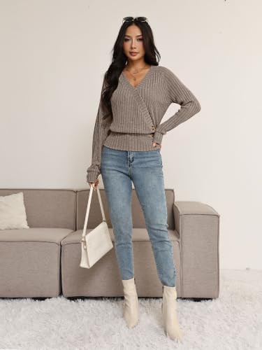 OFEEFAN Long Sleeve Shirts for Women Surplice V Neck Wrap Top Fall Sweaters - Image 5