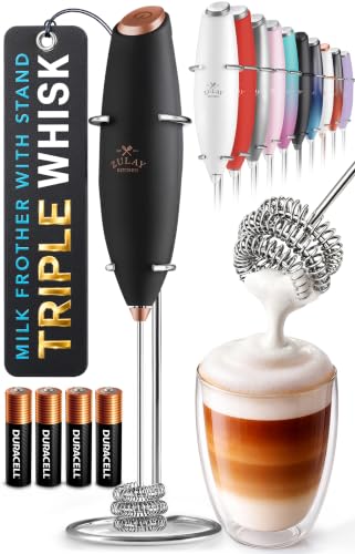 Image of Zulay Kitchen Powerful Milk Frother Wand With Duracell Batteries - Ultra Fast Handheld Drink Mixer - Electric Whisk Foam Maker for Coffee, Lattes, Cappuccino & Matcha - Triple Whisk - Luster Copper