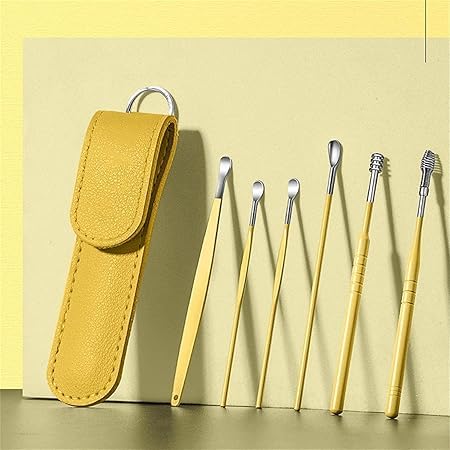 Innovative Spring Earwax Cleansing Tool Set | Portable Ear Wax Removal Set | Spoon Ear Picks | 6 Pcs Cleaning Kit for Home and Travel with Leather Storage Bag (Yellow)
