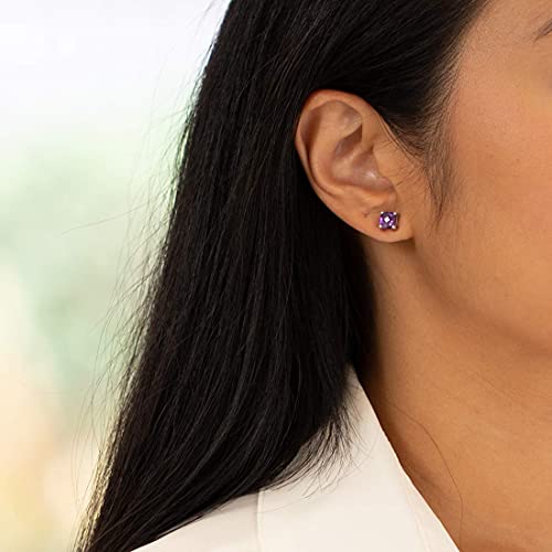 Peora Solid 14K White Gold Amethyst Stud Earrings For Women, Genuine Gemstone Birthstone, Hypoallergenic Solitaire, 6Mm Cushion Cut, Aaa Grade, 1.75 Carats Total, Friction Back #TOP4