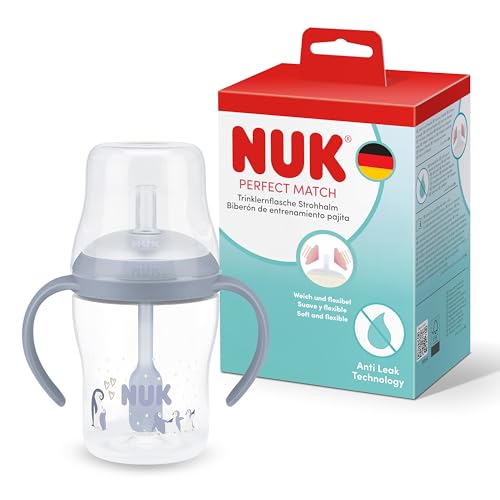 NUK Perfect Match Trinklernflasche mit Strohhalm | 8+ Monate | 150 ml | Auslaufsicherer Baby-Strohhalmbecher | Rutschfeste Griffe | Blau | 1 Stück