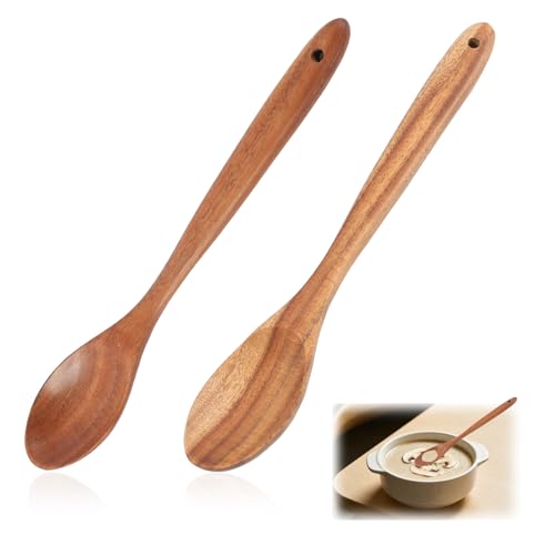 Lot de 2 Cuillères de Cuisine en Bois d’Acacia 30 cm, Naturellement Huilées, Résistantes et Durables, Cuillère de Service et Bratleffel Ergonomique,...