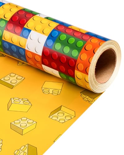 MAYPLUSS Wrapping Paper Roll - 17 Inch X 16.5 Feet Building Blocks Gift Wrap Featuring Colorful Building Bricks for Boys Girls Kids Birthday Party