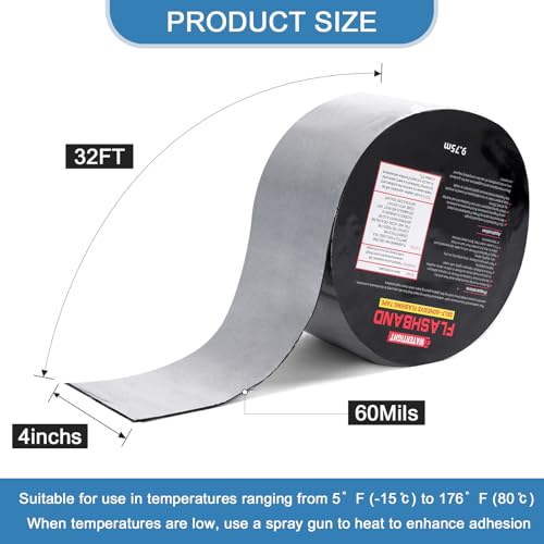Image of Flashing Roll Tape Asphalt Membrane, 4 Inches X 32 Feet 60Mil Thick Waterproof Asphalt Patch Seal Tape Roll, Self-Adhesive Roof Sealant, Asphalt Repair for Door Roof Window Gutter Outdoor （1 Roll)