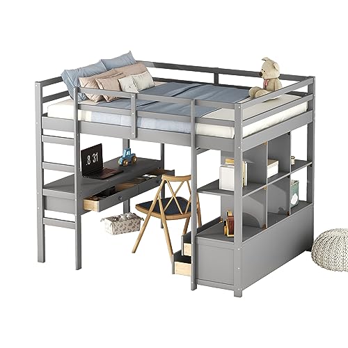 Azkoeesy Cama alta con escritorio, 140 x 200 cm, con cajones, con estante de almacenamiento, cama juvenil, litera, cuna, cama infantil, madera de pino, gris