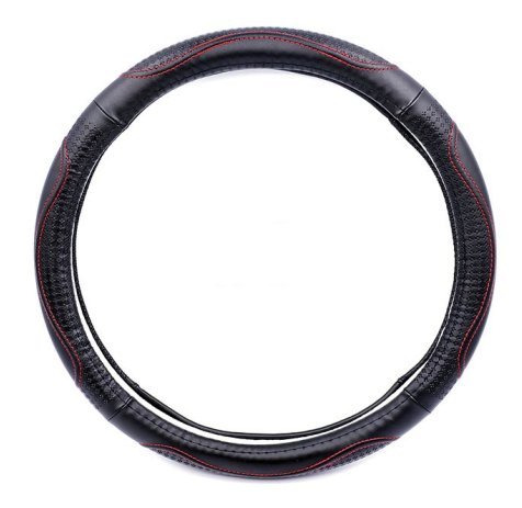SOROPINDiameter 38CM Four Seasons Universal Genuine Leather Steering Wheel Cover for Car Auto,Black Leather+Red Line
