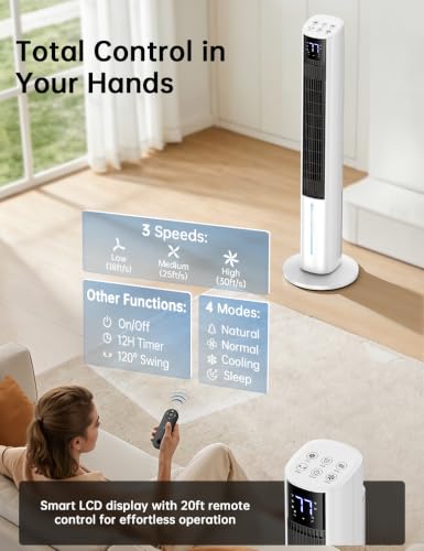 Image of 45 inch Windowless Air Conditioner for Bedroom, 25dB Ultra-Quiet Sleep Mode, 4L Dual Tank Cooling 24H, 120 Swing Swamp Cooler Air Conditioner, 12H Timer, 3 Speeds & 4Modes Evaporative Air Cooler