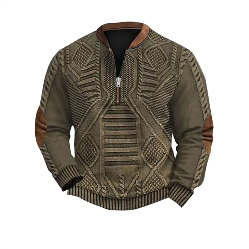 Sudadera de punto retro con cremallera de un cuarto para hombre, con parche en el codo, estilo vaquero occidental, manga larga, cuello y cuello, verde, 3XL