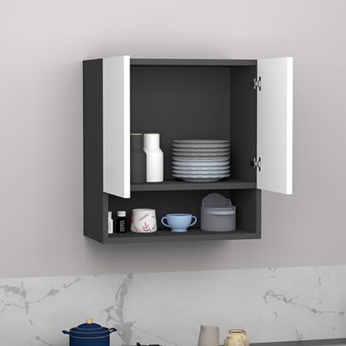 Image of 2 Door Multipurpose Wall Mounted Cabinet with Adjustable & Fixed Shelf | Storage for Kitchen, Bathroom, Office & Living Room | Assembly-DIY | Color-Grey & White | Size-60x33x63.8 Cm