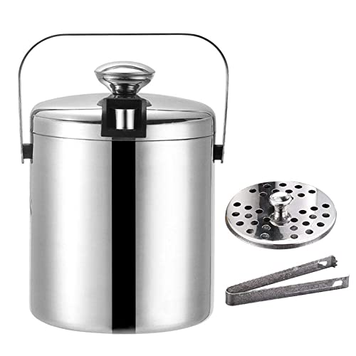Ice Bucket with Lid and Strainer and Ice Tong,Double-Wall Stainless Steel Ice Bucket for Cocktail Bar and Freezer, Ice Cube Bucket for Champagne, Silver Ice Wine Chiller for Bar and Parties