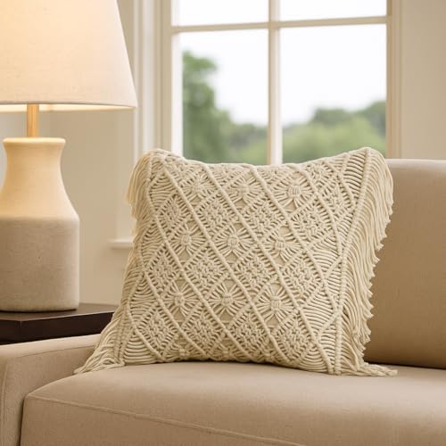 Image of Wakefit Designer Cushion Cover | 16x16 inch| Boho Macrame with Fringe | Cotton Fabric on Front & Back | Bloom Loop | Pack of 1 | Off White