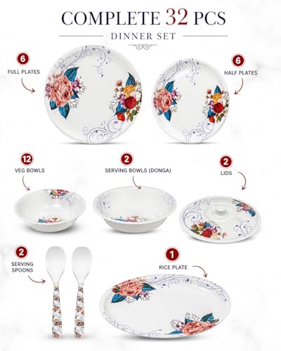 Image of Arova 32 Pieces Melamine Dinner Set for 6 Persons | Unbreakable & Lightweight Crockery Set | Floral Design Plates & Bowls Set | Serving Bowls, Spoons & Lids | Dishwasher Safe Dinnerware Set