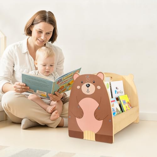 Image of Toddler Bookshelf Double-Sided with 4 Tier Deep Sleeves Kids Wooden Montessori Book Rack for Baby Nursery Room, Playroom, Classroom or Bedroom Bookcase Storage Organizer, Brown Bear