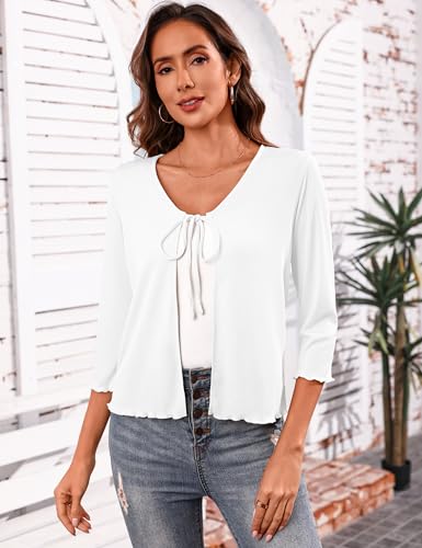 Image of Aiboria Women's Tie Front Shrug 3 /4 Sleeve Ribbed Bolero Lightweight Cropped Cardigan S-XXL