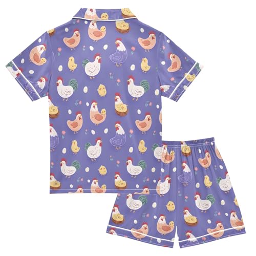 Purple Chicken Hen Pattern Pajamas Set Soft Satin Pjs Sets 2 Piece Short Sleeve Sleepwear Casual Loungewear2