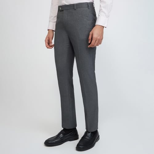 Image of Raymond Men Slim Fit Structure Pattern Polyester Blend Flat Front Formal Trouser Dark Grey
