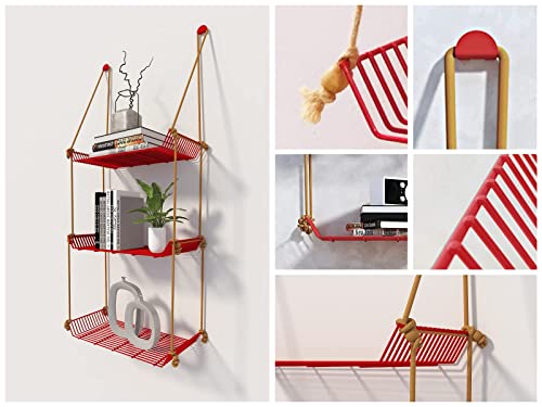 Image of Meshable Weebill 3-Tier Wall Hanging Metal Wall Shelf with Jute Rope, Home Decor Wall Shelves and Storage Racks with Elegant Design Ideal for for Balcony and Terrace, Standard Size - Red
