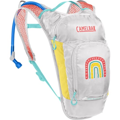 CamelBak Mini M.U.L.E. Mochila de hidratación para niños para senderismo y ciclismo, 50 onzas, gris/arcoíris