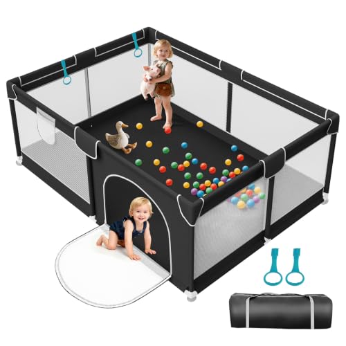 Image of Baby Playpen 74x50 Inch for Babies and Toddlers Indoor & Outdoor | Large Baby Play Yard, Safe & Sturdy, Easy-Assembly, Non-Slip, Easy to Clean, Black, Lightweight, External Zipper Door