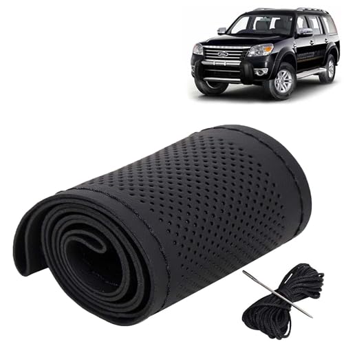 Image of KINGSWAY PU Leatherite Car Steering Cover Sewable Compatible with Ford Endeavour (Year 2009-2015), Black Color with Black Thread, Pack of 1 with Sewing Needle and Thread