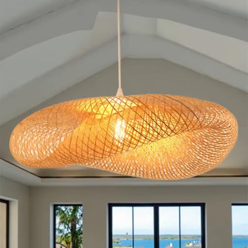 Image of Boho Woven Rattan Disc Pendant Light|Decorative Wooden Handwoven Hanging Lamp for Dining, Cafe & Living Room Decor