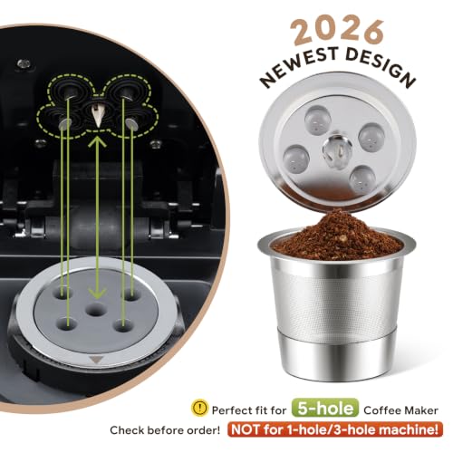 Image of 2 Pack Stainless Steel Reusable K Cups for Keurig Supreme & Supreme Plus, Five Hole Universal Keurig Refillable coffee pod filter with MultiStream Universal Coffee Pods