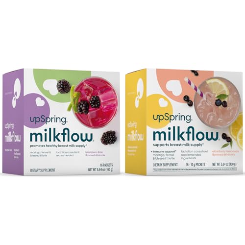 Image of UpSpring Milkflow Breastfeeding Supplement Drink Mixes, No Fenugreek, Moringa | BlackBerry Lime & Elderberry Lemonade Flavors | Lactation Support Drinks to Boost Milk Supply | 2 Pack