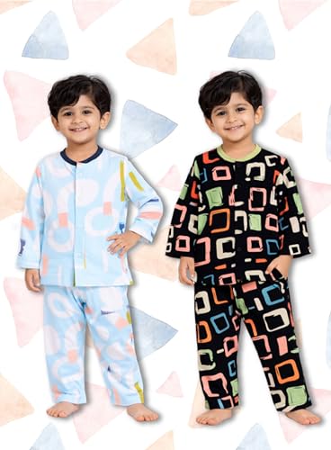 Image of 3BROS Kids Pure Cotton Night Suit Set | Boys Girls Printed Sleepwear Shirt & Pajama Clothing Combo | Soft Breathable Night Dress Outfit | Pack of 2