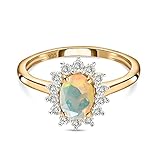 TJC Opal Halo Ring for Women in 14ct Gold Plated 925 Sterling Silver Size Q Prongs Setting October Birthstone Metal Wt. 1.5 Grams
