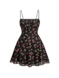 WDIRARA Women's Plus Size Cherry Print Tie Front Ruffle Hem A Line Cami Dress Black 2XL