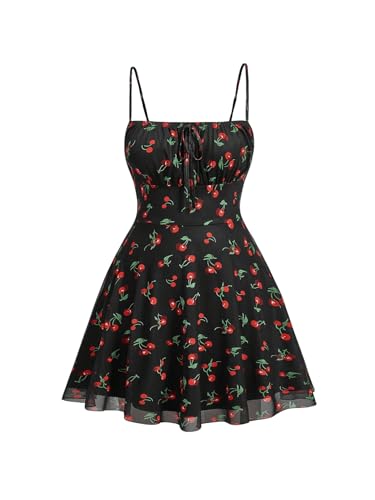 WDIRARA Women's Plus Size Cherry Print Tie Front Ruffle Hem A Line Cami Dress